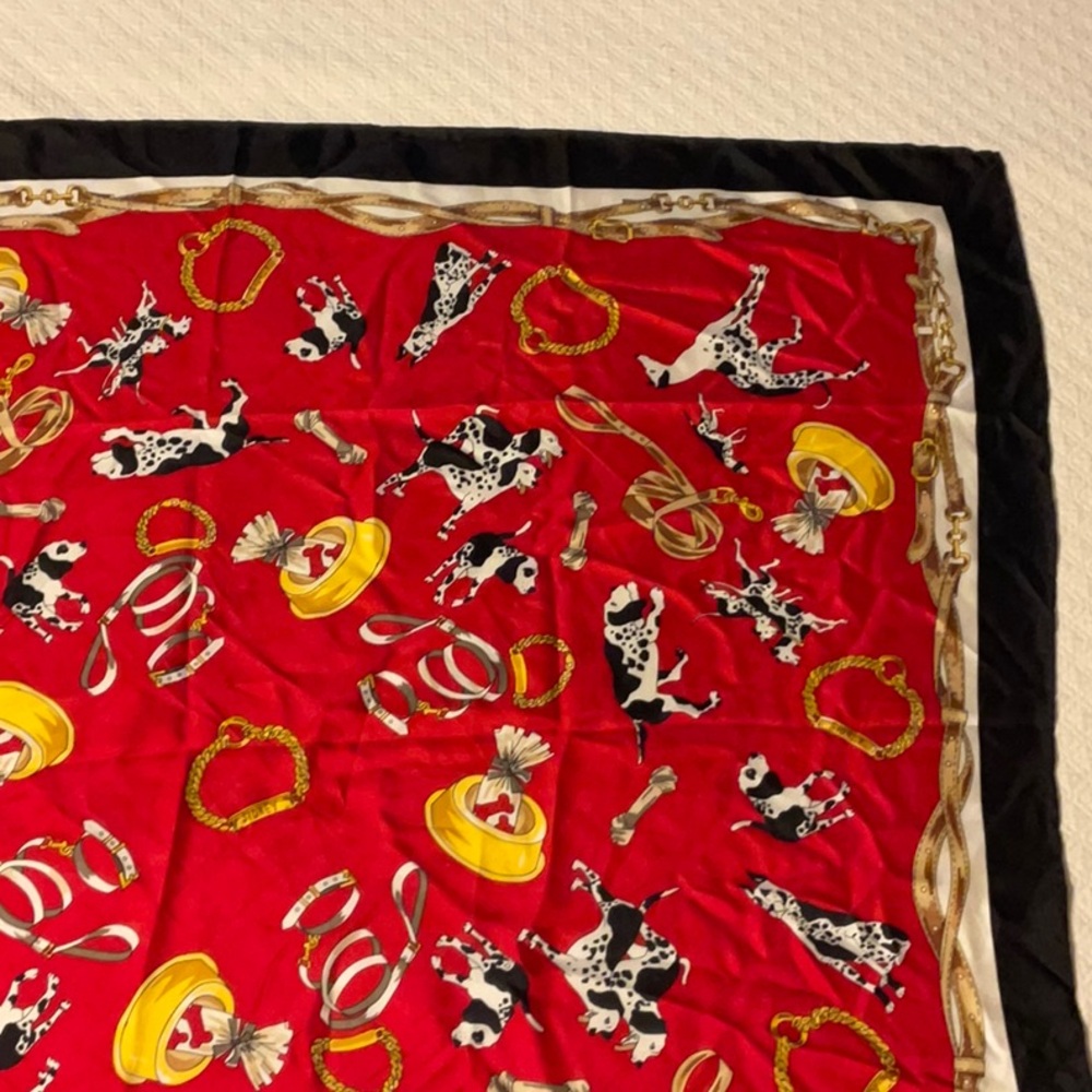 Red & Black Sidney Dalmatian Print Hand Sewn Hem 100% Silk Scarf 40” x 39”